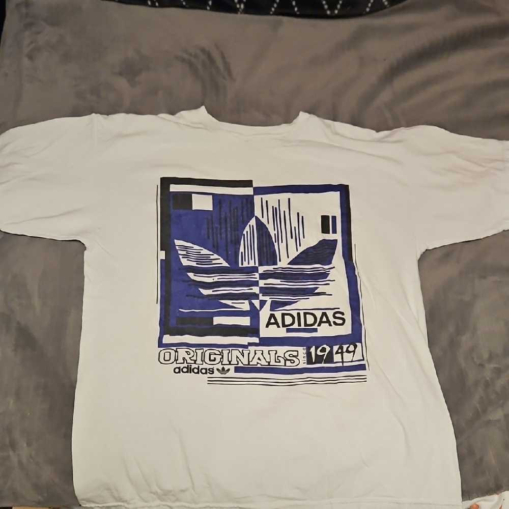 Adidas Originals White Tee with Blue Graphic Design